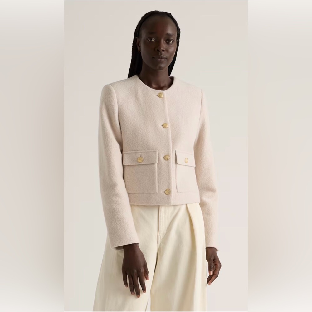 Quince 100% Merino Wool Collarless Cropped Jacket in Heather Bone